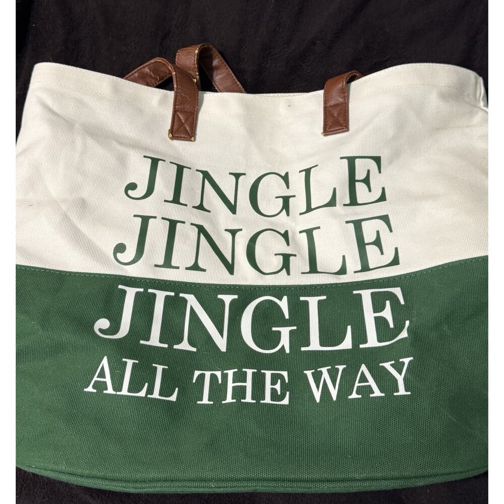 Barnes & Noble Green/Beige Christmas Tote, “Jingle, Jingle, Jingle All The Way”